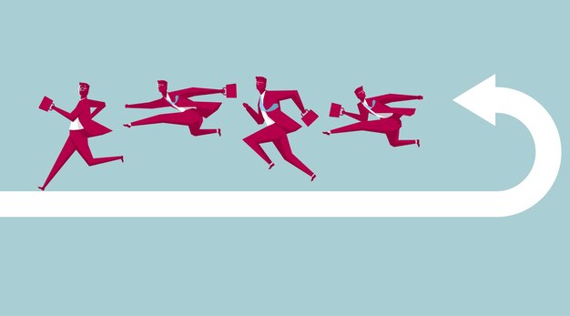 Un grupo de hombres de negocios corre con el símbolo de la flecha. Aislado sobre fondo azul.