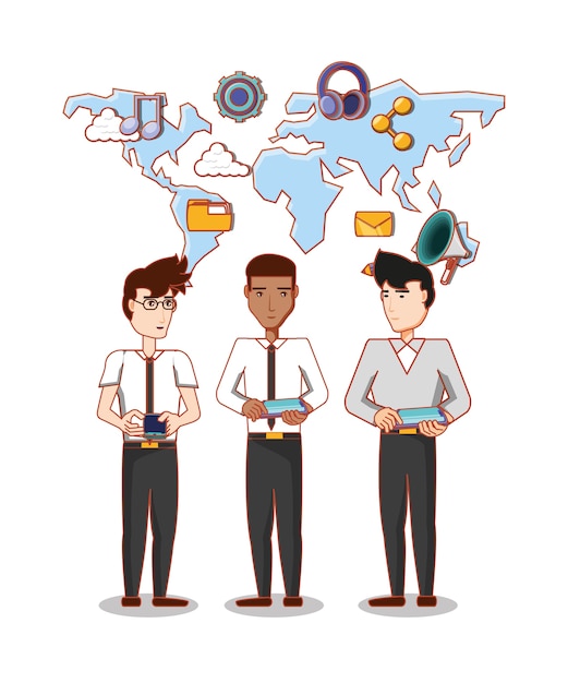 grupo de hombres de negocios con iconos de redes sociales