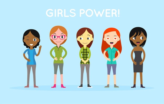 Grupo internacional diverso e interracial de mujeres de pie Concepto de poder femenino Ideas femeninas y feministas Empoderamiento de la mujer y diseño de tarjetas de roles