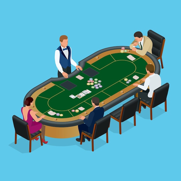 Grupo isométrico de jóvenes jugando al póquer en una ilustración de vector de casino