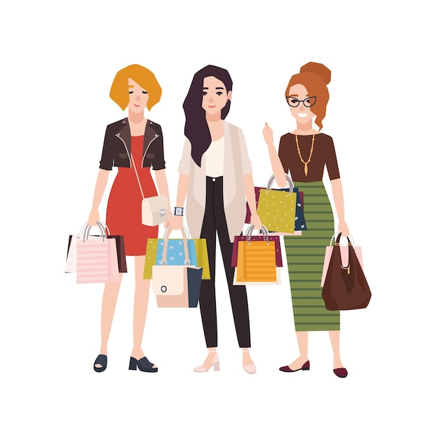Grupo, de, joven, mujer feliz, tenencia, bolsas de compras