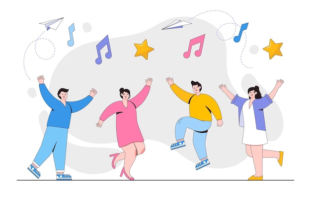 Grupo de jóvenes bailando y divirtiéndose con la música Estilo de diseño de esquema ilustración vectorial mínima para la página de inicio banner web infografías imágenes de héroes