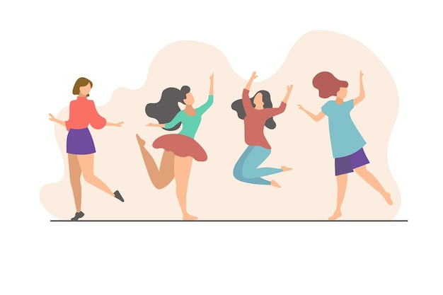 Grupo de jóvenes bailando feliz mujer aislada. Ilustración de vector colorido en color plano.