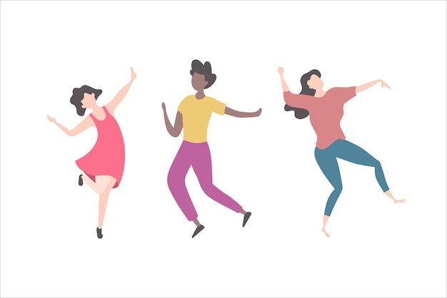 Grupo de jóvenes bailando feliz mujer aislada. ilustración de vector colorido en color plano.