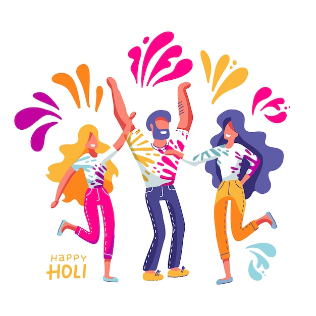 Vector grupo de jóvenes celebra holi. hombres y mujeres tiran pintura de colores. ilustración en estilo plano dibujado a mano con letras