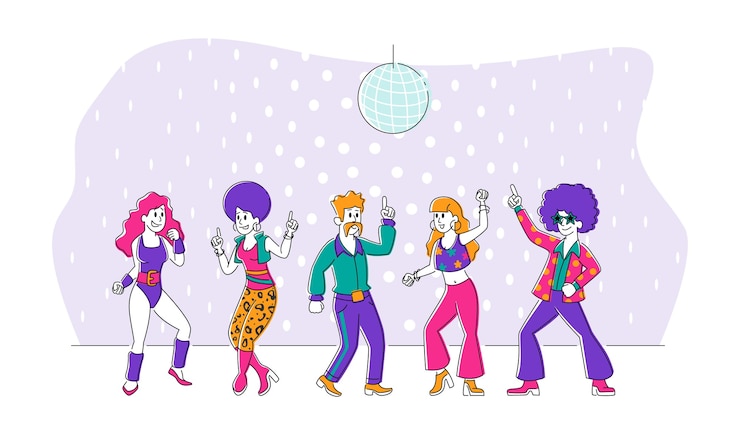 Vector grupo de jóvenes en la década de 1970 1980 estilo de moda de ropa y peinado bailando disco dance. personajes de hombres y mujeres con estilo bailan en retro disco party en night club. lineal