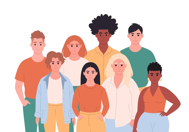 Vector grupo de jóvenes de diferentes razas, apariencias. sociedad multicultural. diversidad social