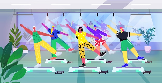 Grupo de jóvenes haciendo sentadillas en plataformas escalonadas mujeres de raza mixta entrenando en el gimnasio entrenamiento aeróbico generación z estilo de vida concepto horizontal vector ilustración