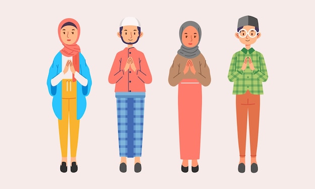 Grupo de jóvenes musulmanes hombre dan mujer disculpándose personaje ramadhan eid mubarak