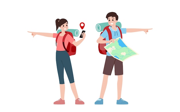 Grupo de jóvenes personajes turísticos Turistas que viajan con mochila de viaje que se van de vacaciones después de que el virus covid19 disminuyera Gente de vacaciones vector aislado Personaje de verano mujer y hombre