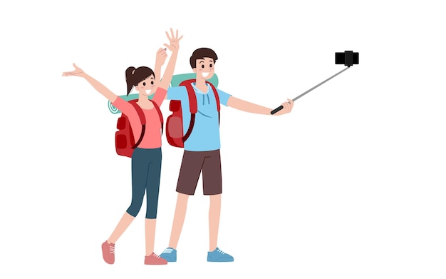 Grupo de jóvenes personajes turísticos. Turistas viajeros con mochila de viaje que se van de viaje de vacaciones después de que disminuyó el virus covid-19. Vector aislado de personas de vacaciones. Personaje de verano, mujer y hombre.