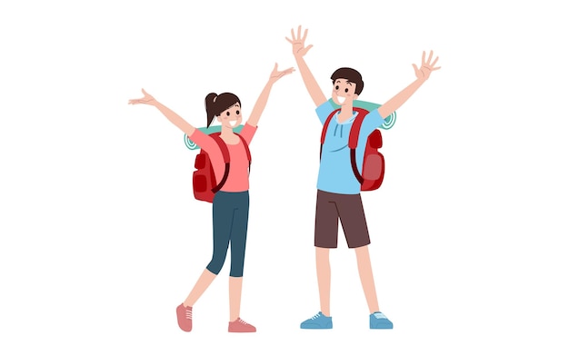 Grupo de jóvenes personajes turísticos. Turistas viajeros con mochila de viaje que se van de viaje de vacaciones después de que disminuyó el virus covid-19. Vector aislado de personas de vacaciones. Personaje de verano, mujer y hombre.