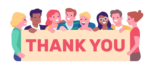 Grupo de jóvenes sosteniendo un cartel diciendo gracias Agradecimiento a los médicos y a la policía Hombres agradecidos y mujeres satisfechas Cartel de gratitud Aprecio a los trabajadores de emergencia Concepto vectorial