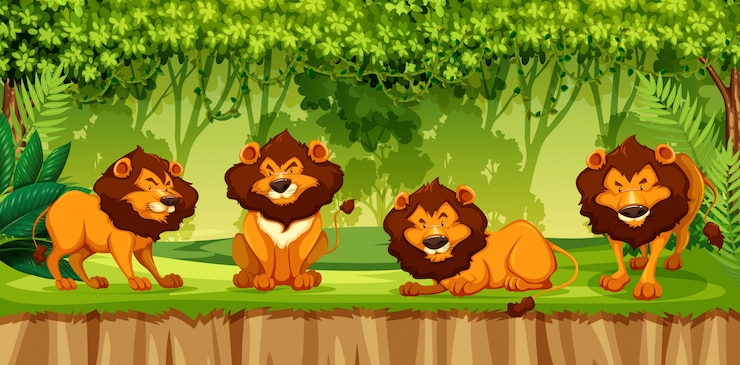Vector un grupo de leones en selva.