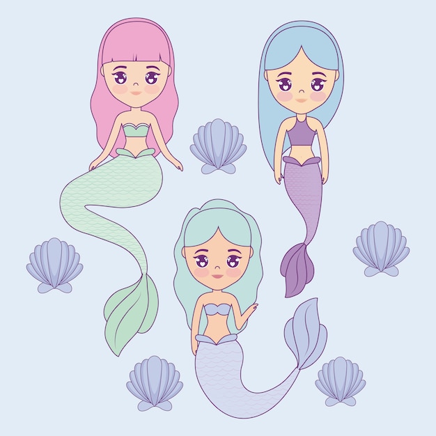 Grupo de lindas sirenas con concha