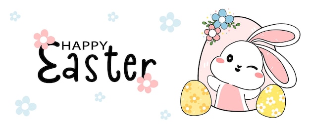 Grupo de lindo conejito de bebé blanco feliz en el agujero que tenga un hermoso día dibujo de dibujos animados banner de contorno