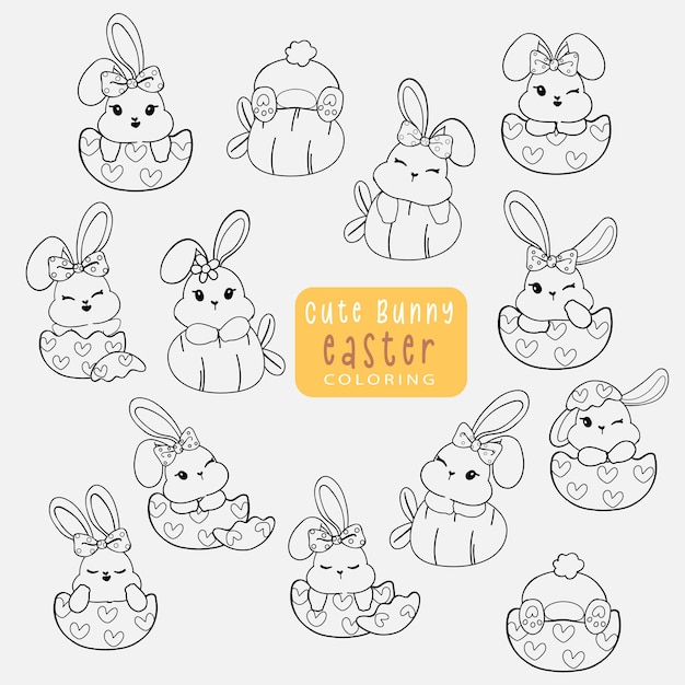 Grupo de lindo conejito de Pascua esquema de conejo para colorear vector de dibujo de dibujos animados lindo libro