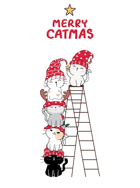 Grupo lindo gato amigos pila árbol de navidad para el día de navidad y año nuevo. concepto de invierno. estilo de dibujos animados doodle dibujar ilustración