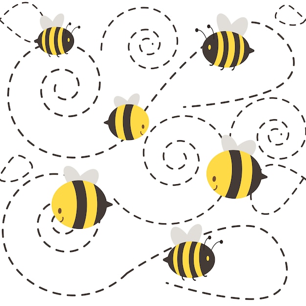 Un grupo de lindo personaje abeja volando. la forma de guiones parece espiral.