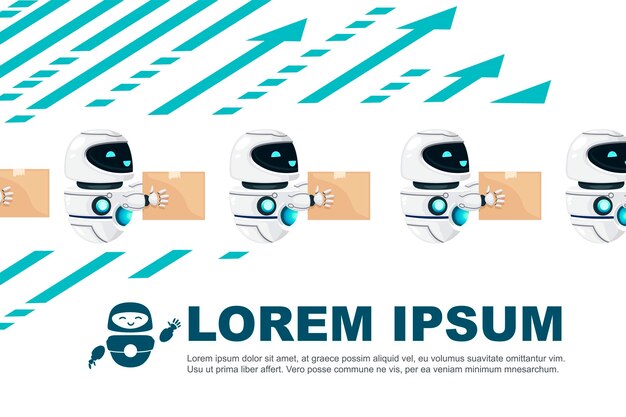 Grupo de lindo robot levitando moderno con cara feliz mantenga la ilustración de vector de caja de cartón