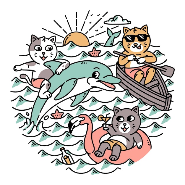 Un grupo de lindos gatos en el mar.