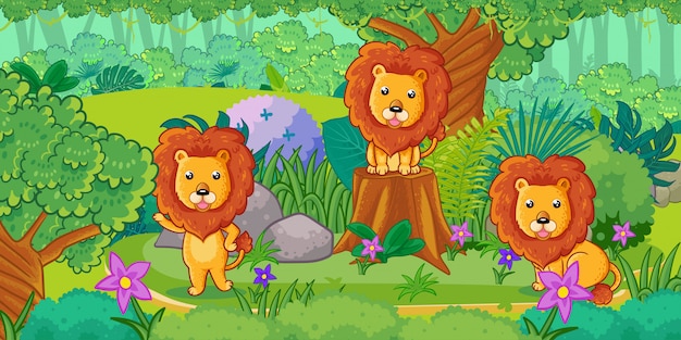 Un grupo de lindos leones disfrutando en el bosque.