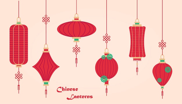 Grupo de linternas chinas linternas de papel rojo objetos de cultura oriental elementos vectoriales decoración navideña