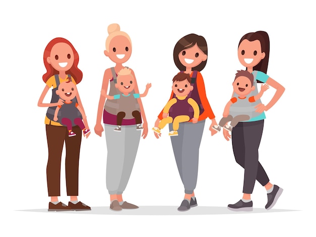 Vector grupo de madres felices con niños en portabebés. mamás con hijos. en estilo plano