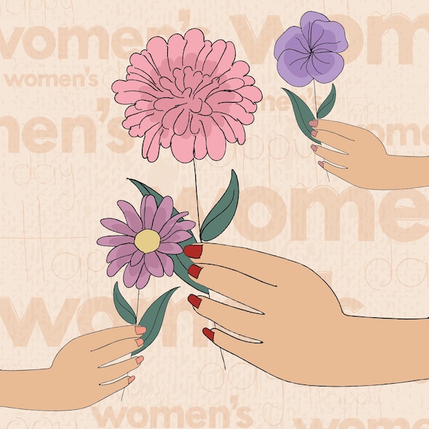 Grupo de manos sosteniendo flores feliz día de la mujer poster vector