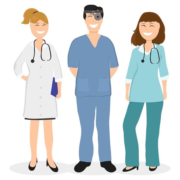 Grupo de médicos en una ilustración de vector de diseño plano de hospital