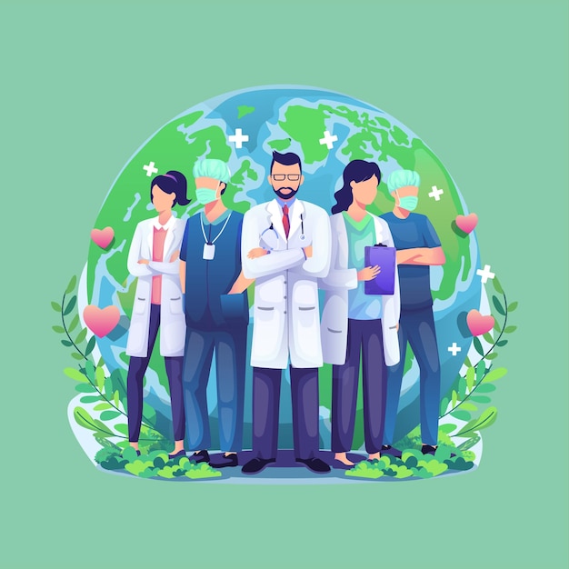 Un grupo de médicos parados frente a un globo con un fondo verde.