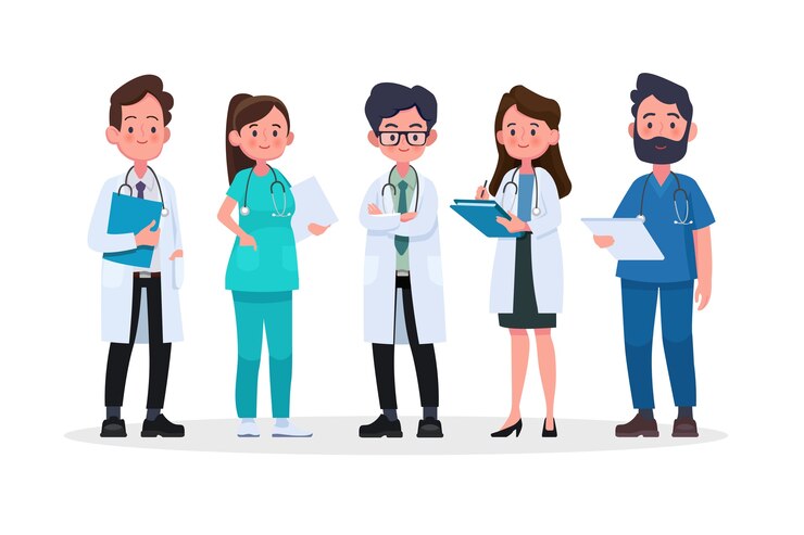 Vector grupo de médicos y personal médico. concepto de equipo médico en carácter de personas de diseño plano.