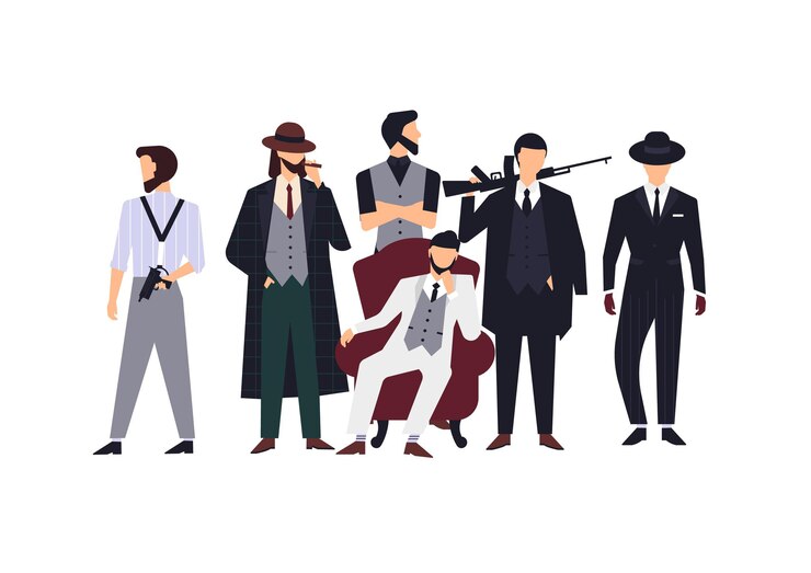 Vector grupo de miembros de la mafia o mafiosos vestidos con elegantes ropas retro o trajes formales y sosteniendo armas de fuego. personajes de dibujos animados masculinos planos aislados sobre fondo blanco. ilustración de vector colorido