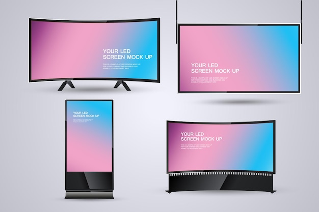 Grupo de modelos modernos de TV HD, diseño vectorial de pantalla de resaltado, colección de pantallas anchas de TV LED de tecnología amplia para señalización digital, información de exhibición de stand