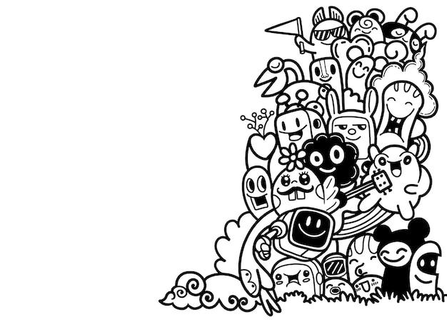 Grupo de monstruo lindo feliz multicultural para su diseño. Plantilla para folleto publicitario.