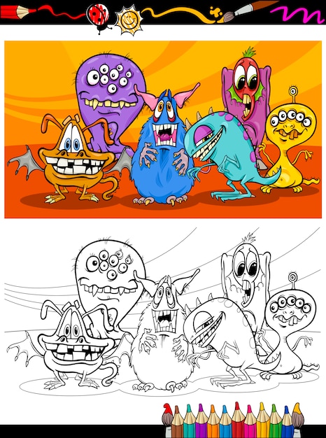 Grupo de monstruos de dibujos animados para colorear