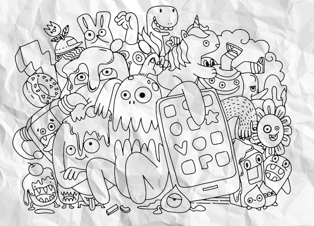 Grupo de monstruos lindos, conjunto de monstruos lindos divertidos, extraterrestres o animales de fantasía para el diseño de libros para colorear, ilustración de vector de dibujos animados de arte de línea dibujada a mano