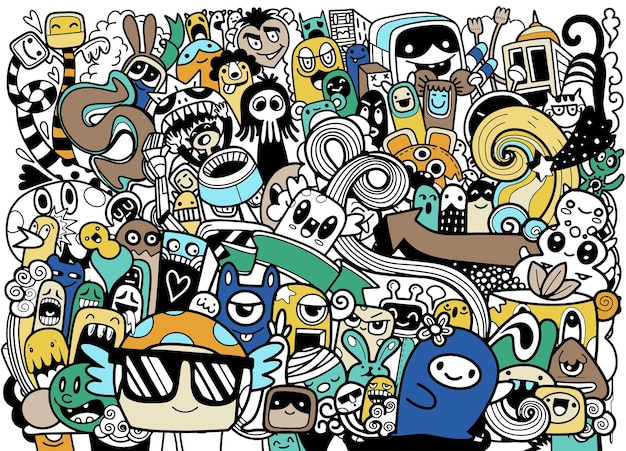 Grupo de monstruos lindos, conjunto de monstruos lindos divertidos, extraterrestres o animales de fantasía para tarjetas o camisetas. dibujado a mano ilustración de vector de dibujos animados de arte lineal