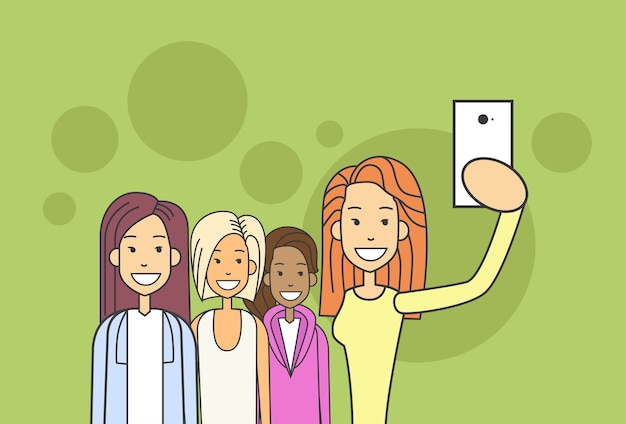 Vector grupo de mujer tomando foto selfie en teléfono inteligente