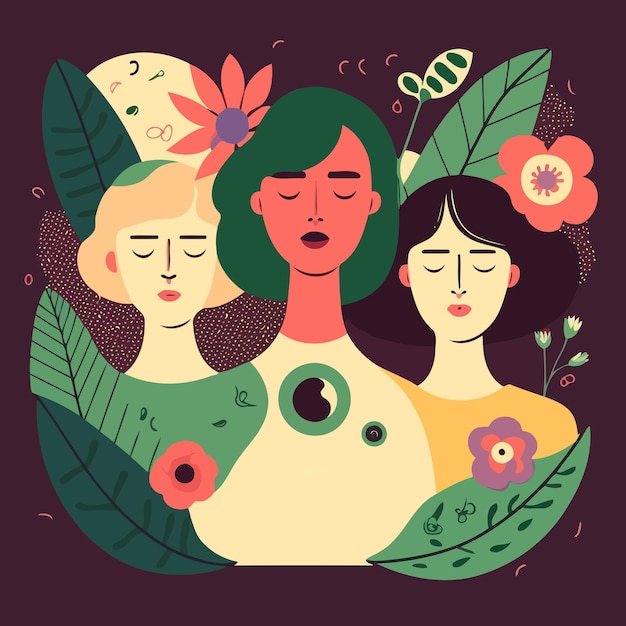 Grupo de mujeres adultas que ilustran el día internacional de la mujer con personajes ficticios.