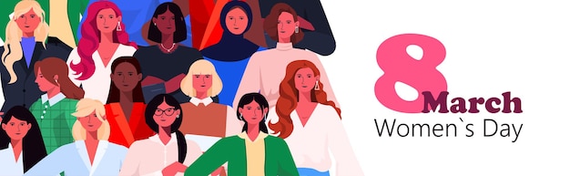 Grupo de mujeres celebrando el estandarte internacional del 8 de marzo del Día de la Mujer