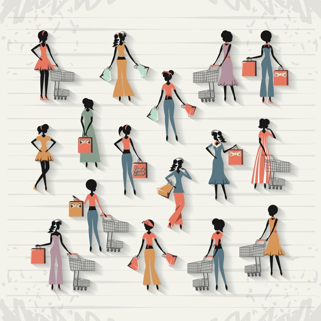 Grupo de mujeres en compras día estilo retro vector ilustración diseño
