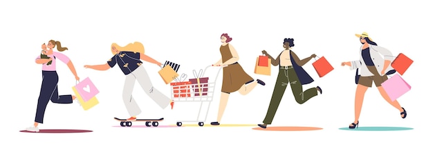 Grupo de mujeres corriendo para la venta y promociones en compras sosteniendo carritos y bolsas de compras. Personajes femeninos de dibujos animados jóvenes y descuentos de temporada. Ilustración vectorial plana