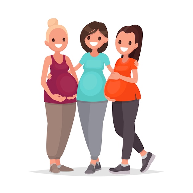 Vector grupo de mujeres embarazadas están abrazando de pie sobre un blanco. cursos para embarazadas. esperando al bebé. en estilo plano
