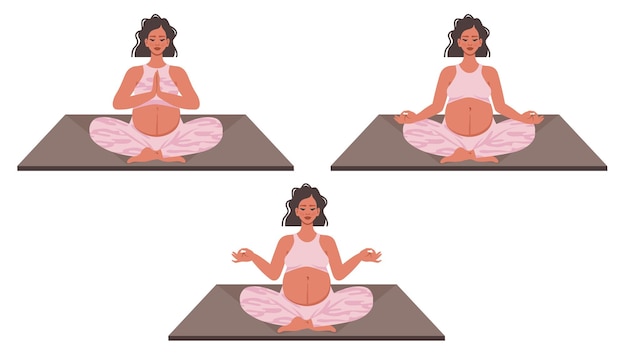 Grupo de mujeres embarazadas meditando y relajándose en la postura del loto Vector de yoga para mujeres embarazadas