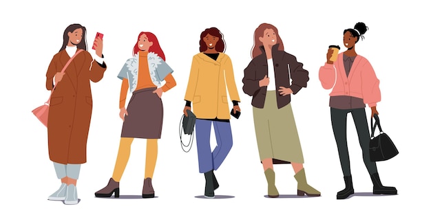 Grupo de mujeres con estilo en trajes de moda de otoño. Los personajes femeninos jóvenes visten ropa casual moderna para la temporada de otoño