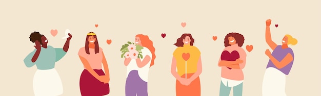Grupo de mujeres felices y amantes de sí mismas ámate a ti mismo ilustración vectorial