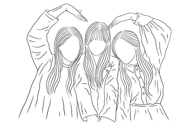 Grupo de mujeres felices girl best friend love line art ilustración de estilo dibujado a mano