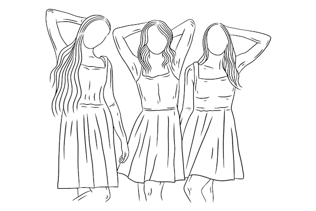 Grupo de mujeres felices girl best friend love line art ilustración de estilo dibujado a mano