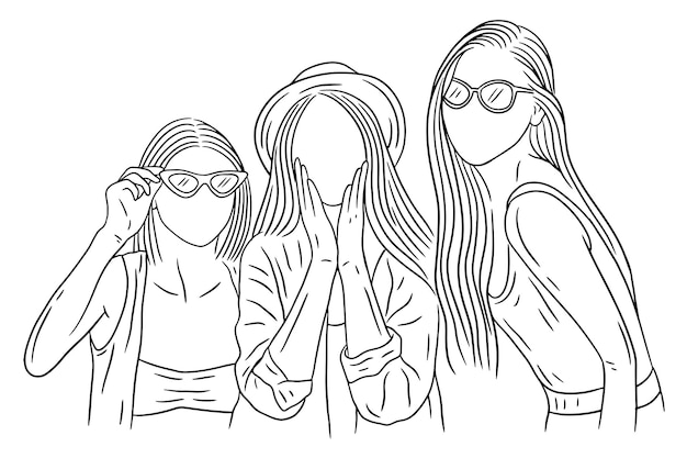 Grupo de mujeres felices Girl Best Friend love line art ilustración de estilo dibujado a mano